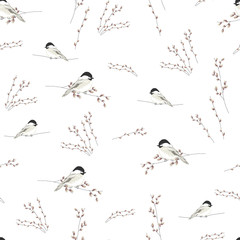 spring seamless pattern with hand drawn little tit birds