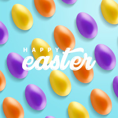 Creative minimal Happy Easter layout colorful eggs and the text message ''Happy Easter'' together on the sweet blue background.