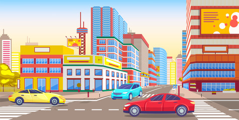 City downtown street with vehicles. Transportation in town with skyscrapers and modern buildings. Urban landscape with houses and cars, contemporary cityscape or townscape. Vector in flat style