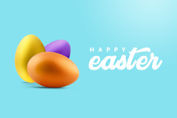 Creative minimal Happy Easter layout colorful eggs and the text message ''Happy Easter'' together on the sweet blue background.