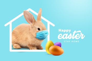 Creative minimal Happy Easter design  the rabbit inside of home line with mask for coronavirus (Covid-19) colorful eggs around the composition shows message Happy easter and stay home.