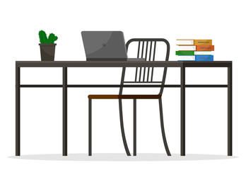 Black table and simple chair, furniture. Electronic device, computer or laptop for work and study. Modern workspace at home or office. Cactus and books on desk. Vector illustration of workplace
