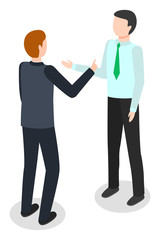 Data analysis, office workers talk about analytics and market research vector. Businessmen discussing business, work or job, boss and employee. Order or task giving, colleagues isolated, isometric