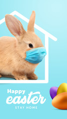 Creative minimal Happy Easter design  the rabbit inside of home line with mask for coronavirus (Covid-19) colorful eggs around the composition shows message Happy easter and stay home.