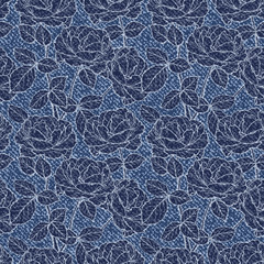 Fototapeta na wymiar Denim Floral Seamless Pattern. Vector Background with Hand drawn Branches of Rose Flower outline Sketch. Blue Jeans Cloth Texture with Flowers and Leaves 