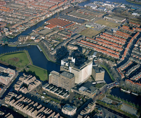 Fototapeta premium Leiden, Holland, March 07 - 1988: Historical aerial photo of the historical industrial complex De meelfabriek