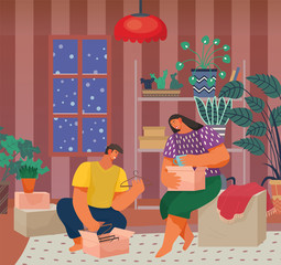 Couple moving to new apartment. Woman sitting on box with goods in living room. Relocation of people, house interior. Happiness and cosiness, young family. Vector illustration of movement in flat