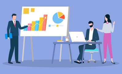 Conference or meeting, business strategy, office workers, graphic or chart vector. Men and woman, financial statistics and analytical data, employees. Teamwork or cooperation presentation illustration