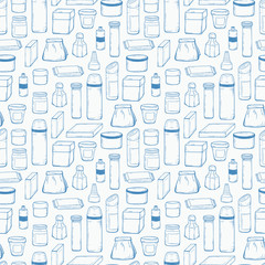 Packaging Vector Background. Blank Packing Seamless Pattern. Hand Drawn Sketch Glass, Plastic, Cardboard Package for Cosmetics and Goods
