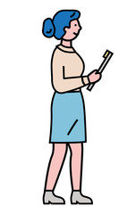 Woman stand with clipboard with notes for interview. Manager ready to talk about project plan. Lady hold notepad with important documentation. Person isolated on white. Vector illustration in flat