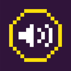 Pixel game icon vector, loudspeaker symbolizing music and sound regulation, isolated circle with object and waves, 8 bit graphics navigation button