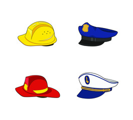 Workers uniform. Policeman, fireman, captain, builder hat set. Fireman Red and construction yellow helmet. Safety equipment. Cap and helmet collection. Vector graphic illustration.