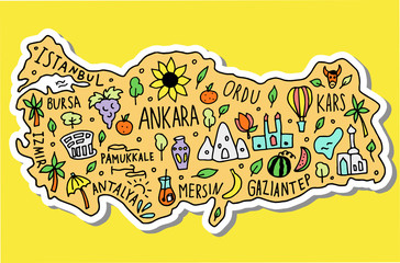 Colored Sticker of  hand drawn doodle Turkey map. Turkish city names lettering and cartoon landmarks, tourist attractions cliparts.