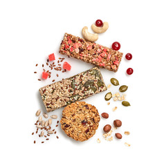 Granola bar with nuts and dry fruit berries. Cereal healthy snack. Fitness food. Protein muesli bars isolated on white background. Sport oatmeal bar, top view