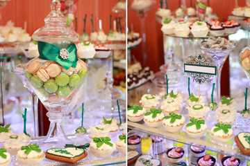 Candy bar on wedding ceremony with a lot of different candies and beverages
