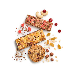 Granola bar with nuts and dry fruit berries. Cereal healthy snack. Fitness food. Protein muesli bars isolated on white background. Sport oatmeal bar, top view