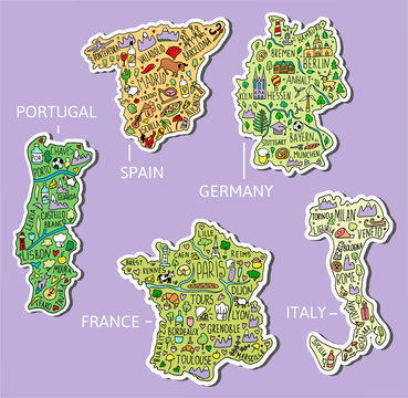 Set of hand drawn stickers. Germany, Spain, Italy, Portugal, France. Doodle maps with main cities, symbols and landscapes. Thick white stroke around illustrations.