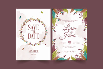 Wedding invitation template with beautiful watercolor floral wreath Premium Vector