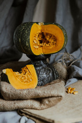 delica pumpkin in the garden. Kabocha, is Japanese pumpkin slice or green pumpkin on Grey background