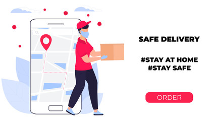 COVID-19. Coronavirus epidemic. Courier in a protective medical mask carries a parcel in his hands. Online ordering of goods and food. Safe delivery. Web page design templates. Stay home