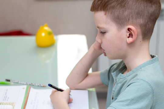 Distance learning online education. Schoolboy studying at home and doing school homework. Sitting chair with training books
