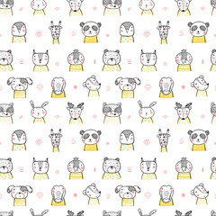 Cute Scandinavian Style Animal Faces Seamless pattern. Hand drawn Doodle Cartoon Animals and Birds. Vector Background for Kids
