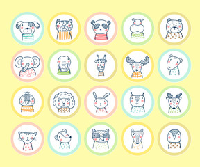 Cute Animal Round Stickers Set. Hand drawn Doodle Cartoon Funny Wild Animals, Pets and Birds labels. Vector Circle Tags
