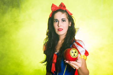 Woman wearing a fairy tale dress holding an apple with radiation symbol. Environmental problems...