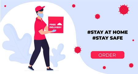COVID-19. Coronavirus epidemic. Courier in a protective medical mask carries a parcel in his hands. Online ordering of goods and food. Safe delivery. Web page design templates