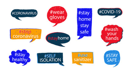 COVID-19 hashtags set to prevent the spread of coronavirus. Quarantine and self-isolation. Wear mask and wash hands. Stay Home Stay Safe. Prevention the spread of COVID-19.