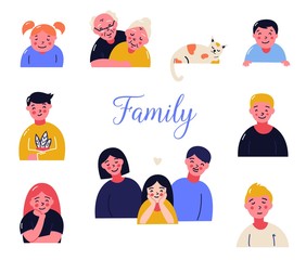 Family portrait set. Father and mother, children, elderly parents and a cat