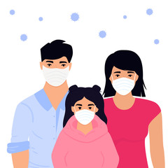 COVID-19. Coronavirus epidemic. Concept of quarantine, prevent infection. Family. Man, woman and girl are in protective medical face masks are on self-isolation. Stay home
