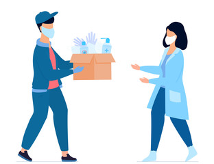 COVID-19. Humanitarian aid. Supply of medical protective masks, gloves and disinfectants. Coronavirus epidemic. Volunteer gives a parcel to a nurse