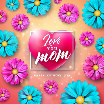 I Love You Mom. Happy Mother's Day Greeting Card Design with Flower and Typography Letter in Heart on Pink Background. Vector Celebration Illustration Template for Banner, Flyer, Brochure, Poster.