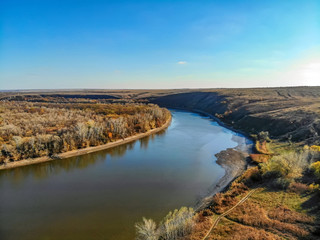 Fototapeta na wymiar Aerial drone view on autumn river landscape