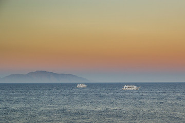 View of the Tyrant of Egypt from Sharm El Sheikh. Yachts in the Red Sea
