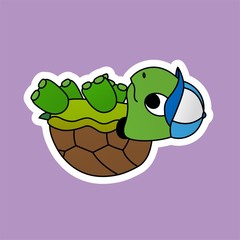 Sticker of Turtle Upside Down and Wearing a Blue Hat Cartoon, Cute Funny Character, Flat Design