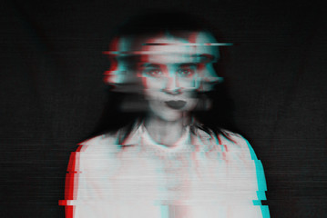 black and white blurred abstract portrait of a girl with mental disorders and schizophrenia with a glitch effect - obrazy, fototapety, plakaty