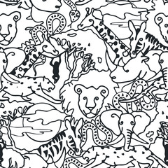 Seamless vector pattern safari animal line art on white background. Simple African one line sketch art wallpaper design.
