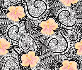 Afwasbaar Fotobehang Hibiscus Hibiscus bloem en tattoo tribal naadloze herhalend patroon. Polynesische Hawaiiaanse stijl tribal tattoo en gele hibiscus bloemen achtergrond. Gebruik voor stof, behang, Hawaiiaans decor