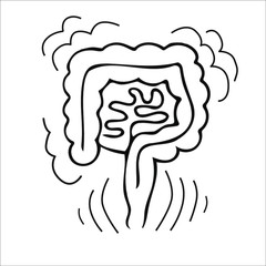 Human colon,  healthy digestive system whith peristaltic, internal organs, intestines icon. Hand drawn doodle vector illustration isolated on white background for proctology clinic	