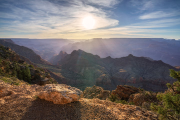 sunset at desert view watchtower at the south rim of grand canyon in arizona, usa