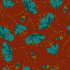 Seamless pattern with blue flowers on a red background.