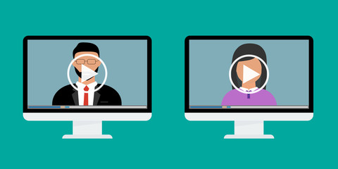 Computer with video illustration for webinar. Online conference and training. Vector illustration
