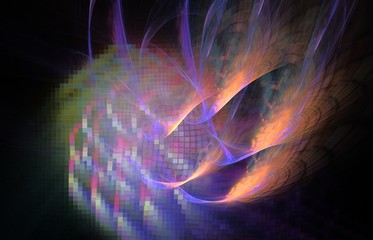 Fantasy 3d banner on black backdrop. Orange background. Abstract template.