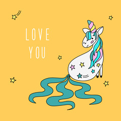 Little unicorn card background. Funny pink unicorn and stars. Childish art for design veterinary clinic poster, birthday gift card, kids party invitation, shop sale or t shirt print, bag cover etc.
