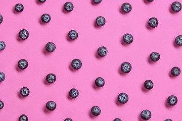 Blueberry isolated colorful pattern on pink background. Fresh blueberry closeup, organic bilberry wallpaper, top view. Juicy blueberries, creative concept, fashionable trendy flat lay