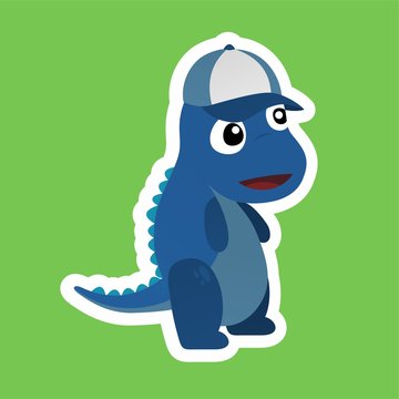 Sticker of Blue Dinosaur Stood Up Using a Blue Hatt Cartoon, Cute Funny Character, Flat Design