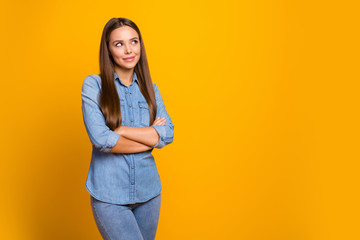 Turned photo positive girl smart promoter cross hands look copyspace think thoughts start-up...
