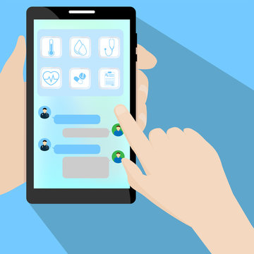 hand hold mobile phone with medical application chatting between user and doctor  icon about temperature, heart rate , blood pressure, pill ; healthcare
